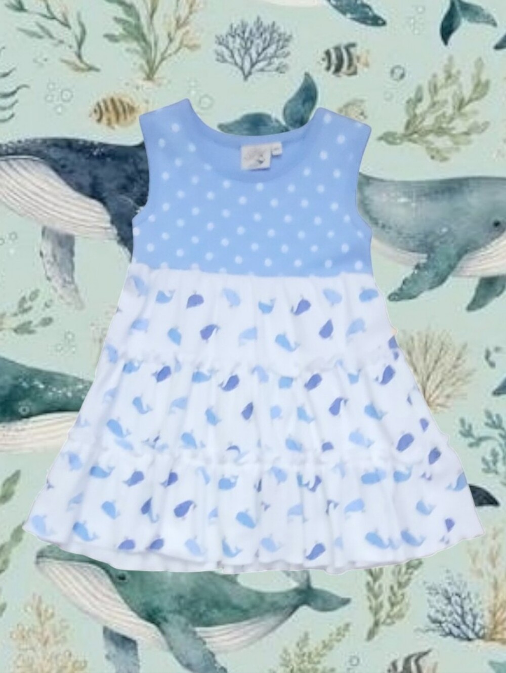 Luigi Kids Girl's Sleeveless Blue & White Whale Themed Multi-Tiered Dress